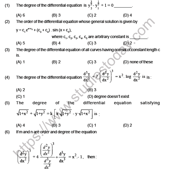 JEE Mathematics Differential Equations MCQ